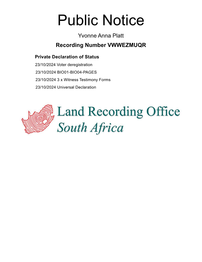 Public notice Yvonne Platt  Recording Number VWWEZMUQR